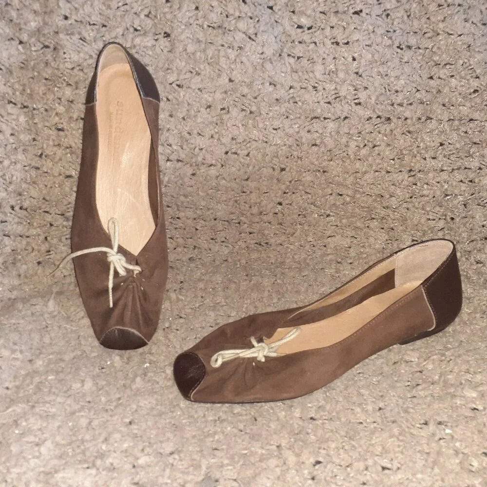 SUNDANCE-Soft Brown Suede-Leather Accents-Tie-Up-Ballet Flats-Sz 38-NWOB